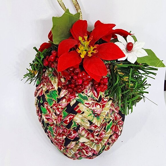 VTG Huge Handmade Herringbone Cloth Navy Pink Gold Christmas Holiday Ornament - Picture 12 of 12